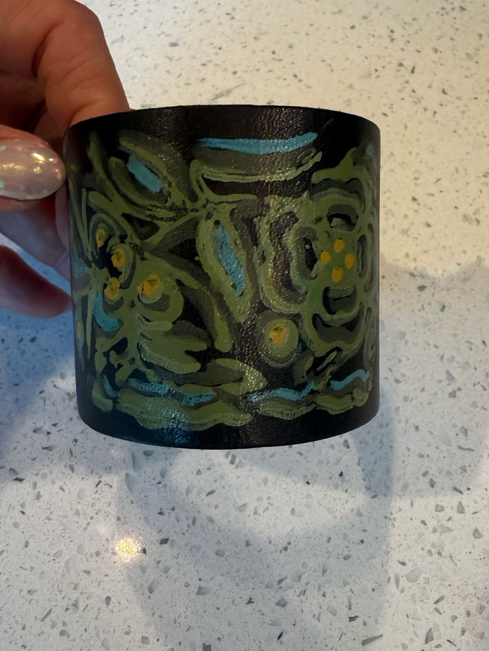 BILLY KIRK. Hand-Painted Floral Black Leather Cuff Bracelet in Green and Teal